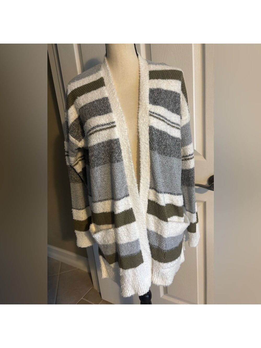 Pink Clover Striped Cozy Cardigan Sweater - Gray, White, and Olive Sz S NWT